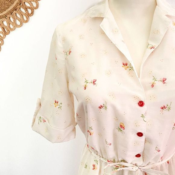 Vintage 1950s Retro Cottagecore Dress, Mid Century Boho Fairy Floral Shirt Dress - Picture 3 of 14